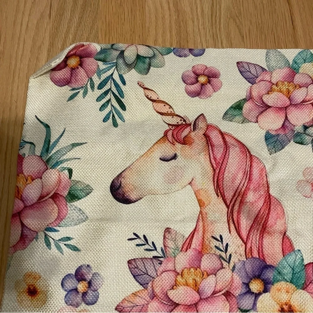 Floral Unicorn Print Square Throw Pillow Cover NEW Pink Cream Tan